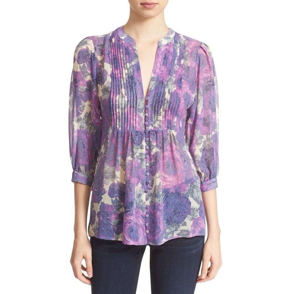 JOIE Datev Pintuck Pleated‎ Purple Floral Silk Button Blouse Sz XXS Worn On Tv